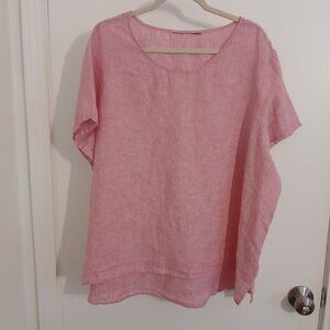 Tahari 100% Linen SS Top Tunic Size 2X Womens Hi Low Blouse PINK 2" SLITS
